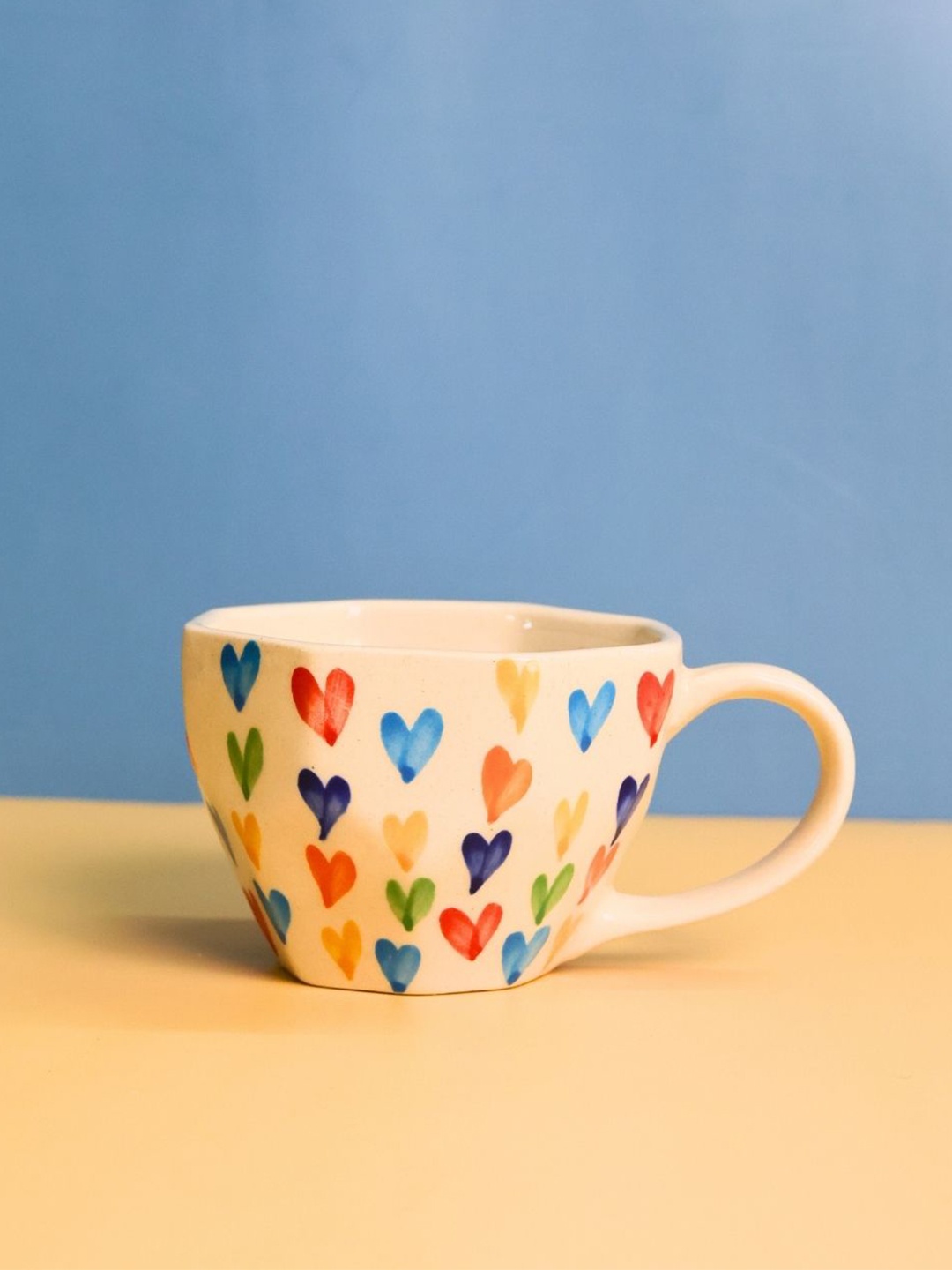 

WEAVING HOMES Beige & Blue 2 Pieces Painted Ceramic Glossy Core Cups 200 ML