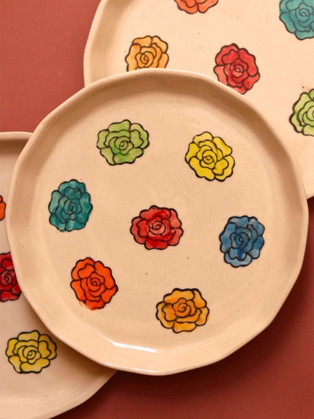 

WEAVING HOMES Cream& Red Floral Hand-Painted Glossy Finish Plate