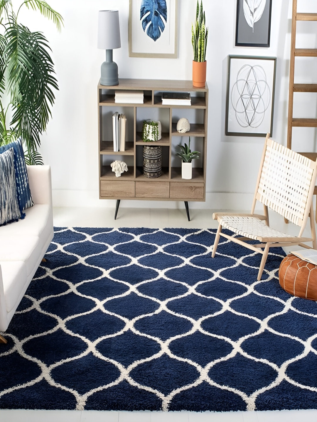 

Asad Emporium Rugs Navy Blue & White Geometric Shaggy Carpet