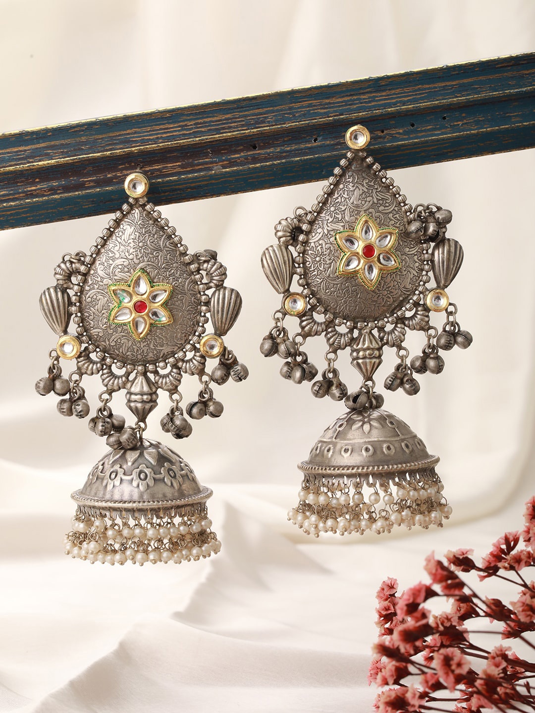 

Saraf RS Jewellery Rhodium-Plated American Diamond Studded Classic Jhumkas, Silver