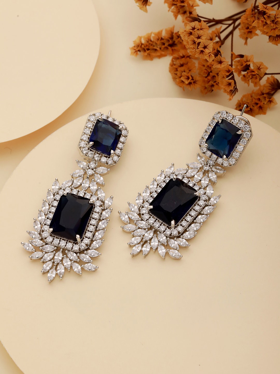 

Saraf RS Jewellery Silver-Plated American Diamond Studded Classic Drop Earrings