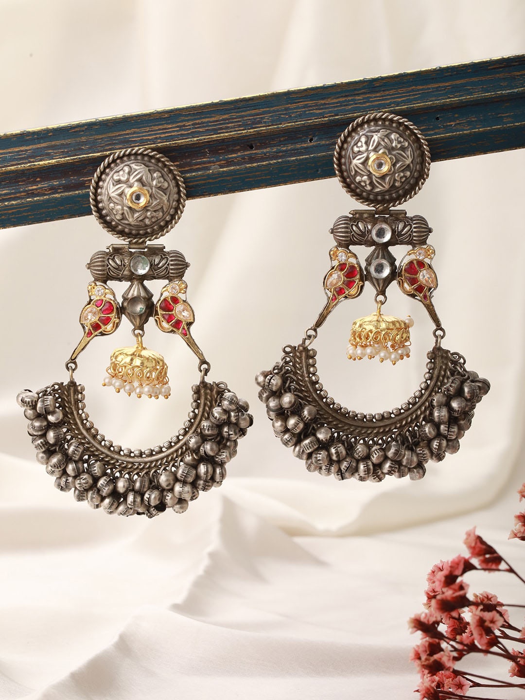 

Saraf RS Jewellery Rhodium-Plated Kundan Studded Studded Classic Chandbalis, Silver