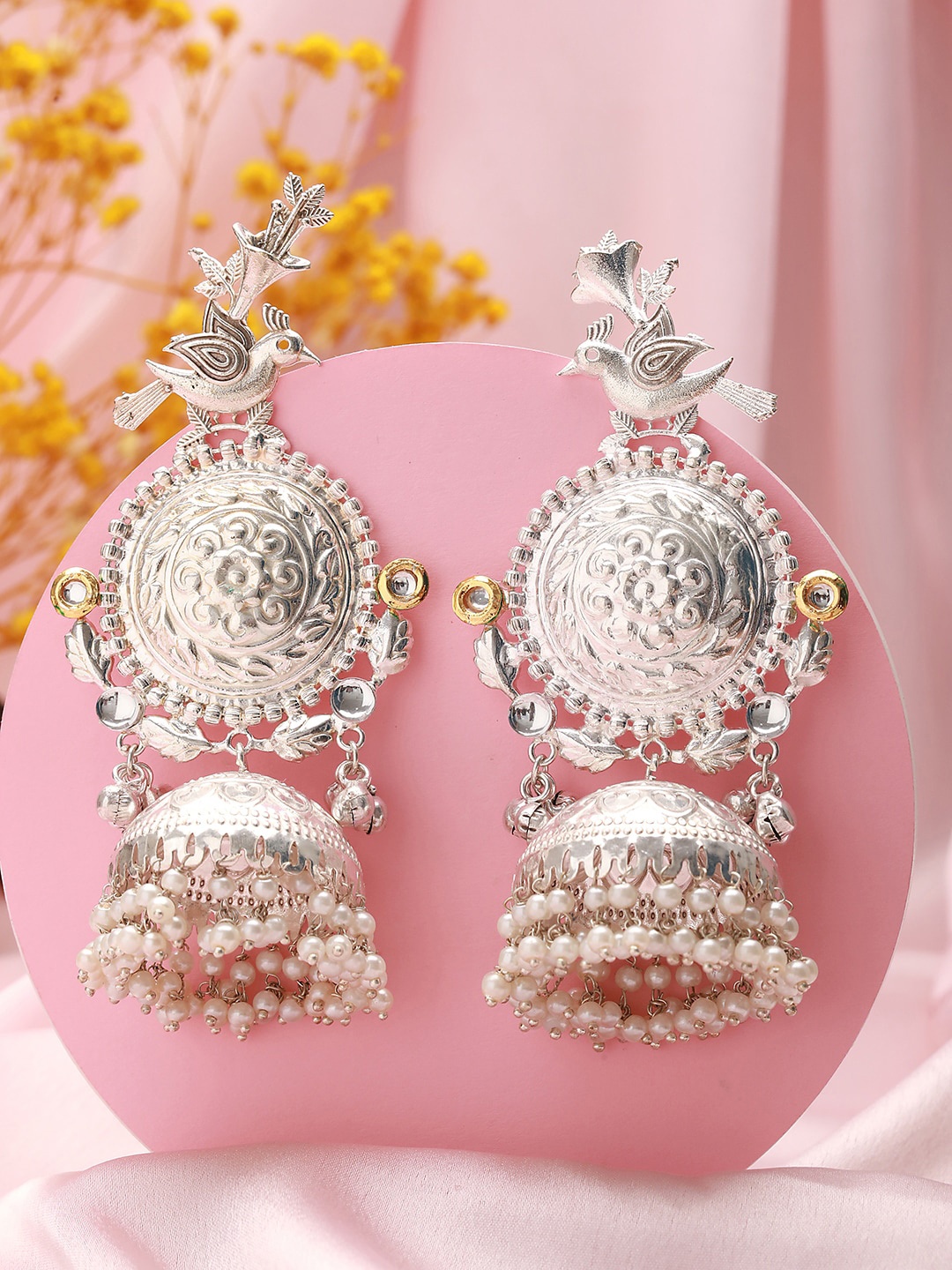 

Saraf RS Jewellery Rhodium-Plated Kundan Studded & Beaded Classic Jhumkas, Silver