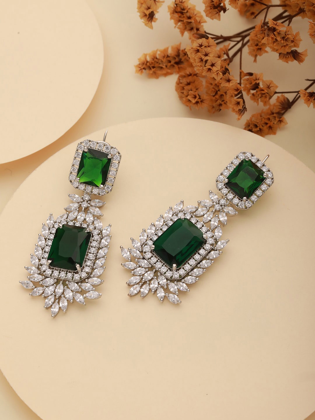 

Saraf RS Jewellery Silver-Plated AD Studded Classic Drop Earrings, Green