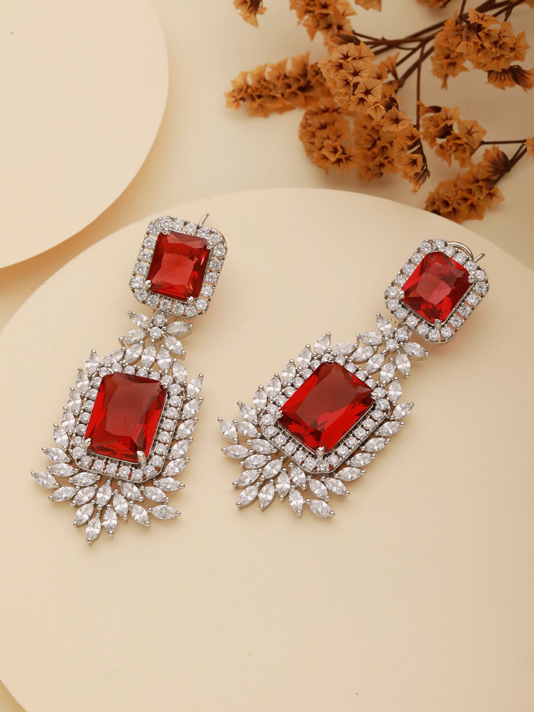 

Saraf RS Jewellery Silver-Plated AD Studded Classic Drop Earrings, Red