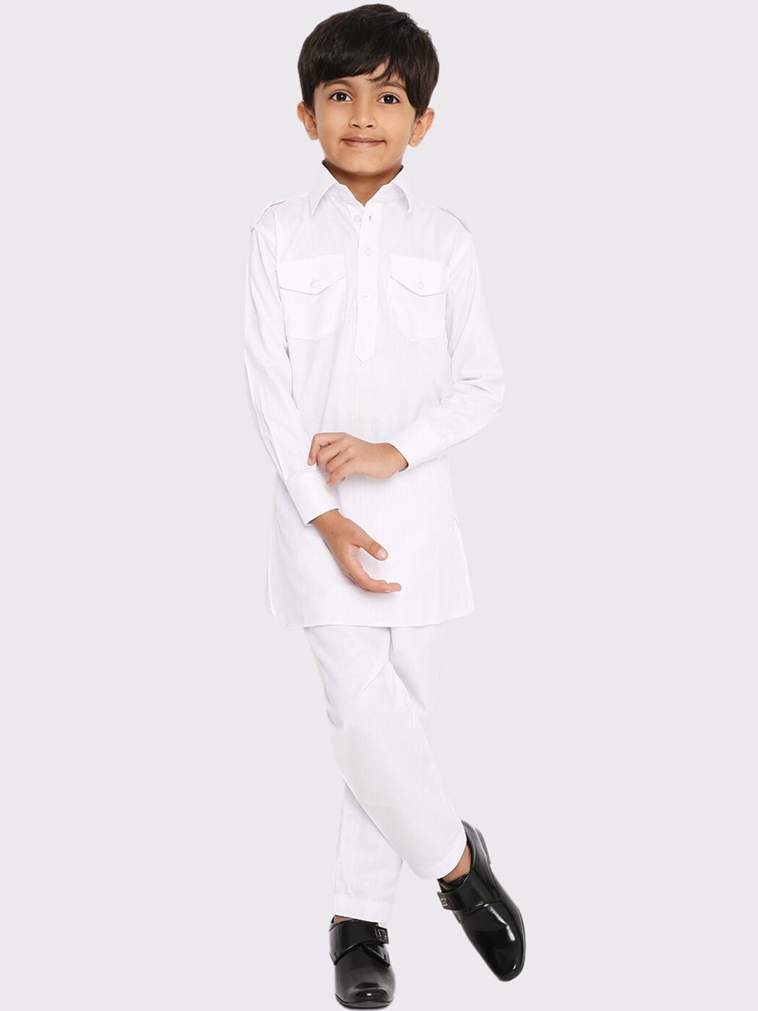 

Maharaja Boys Shirt Collar Long Sleeve Pathani With Salwar, White