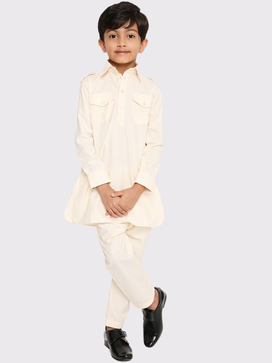 

Maharaja Boys Shirt Collar Pathani Kurta With Trouser, Beige