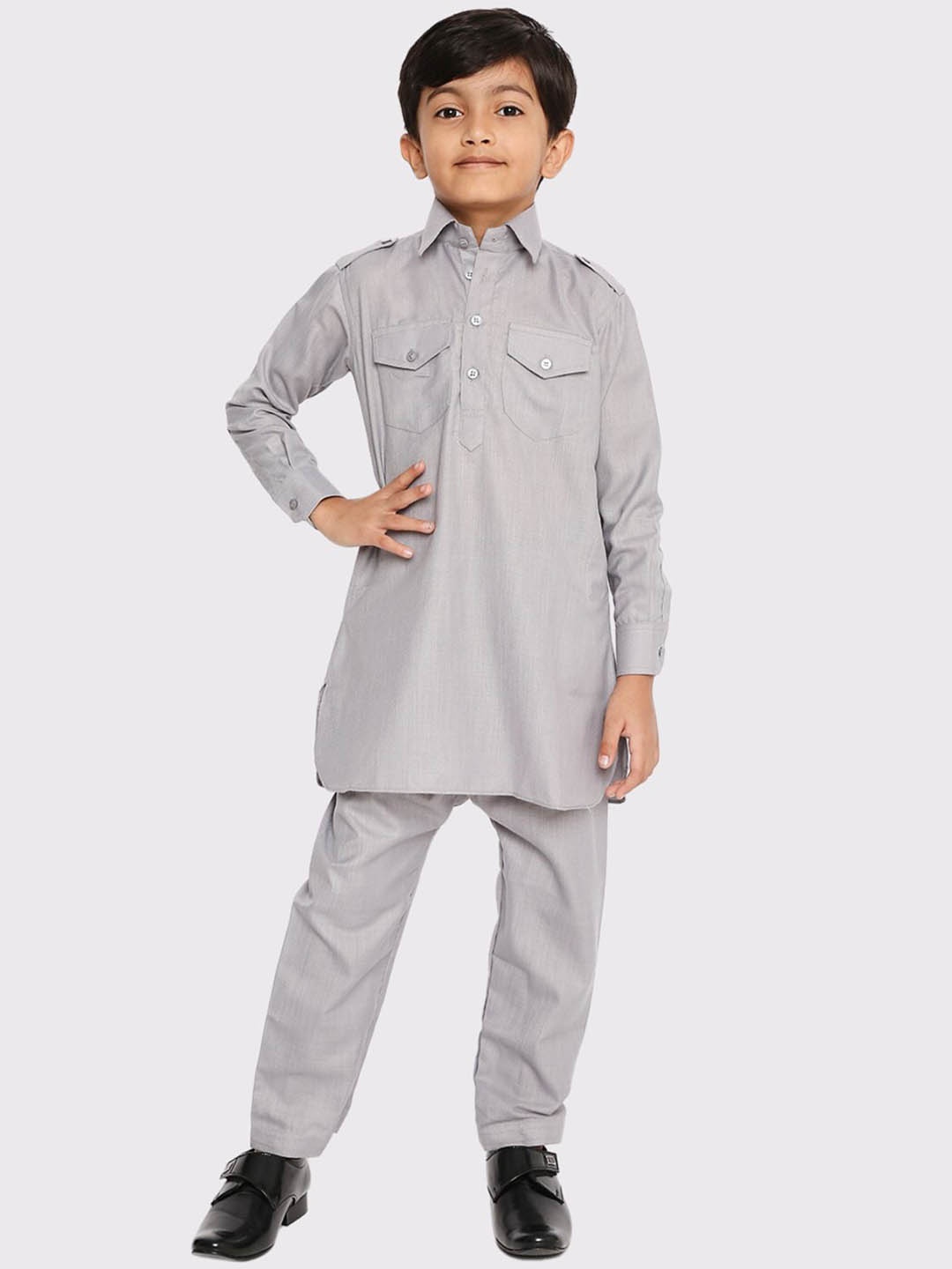 

Maharaja Boys Shirt Collar Pathani Kurta With Trouser, Grey