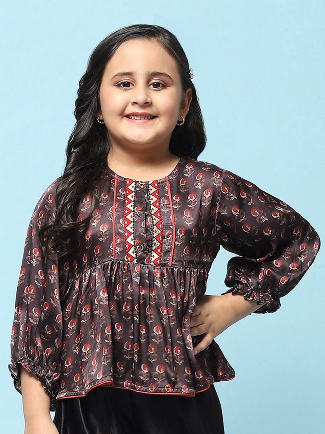 

Biba Ethnic Motifs Printed puff Sleeves Gathered Cinched Waist Top, Black