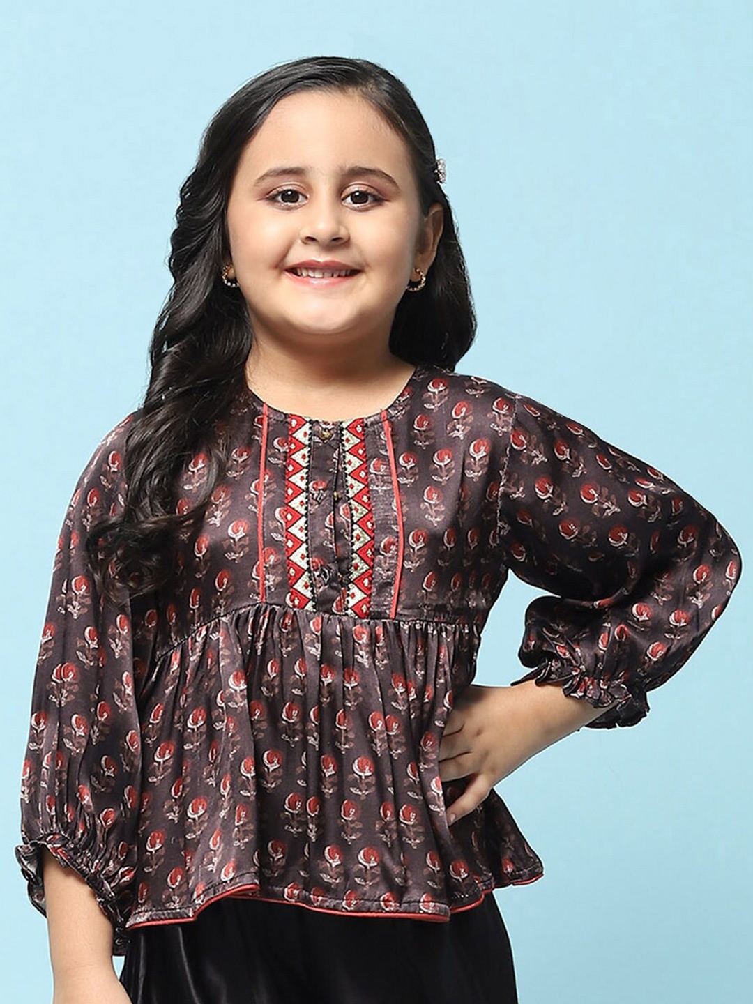 

Biba Girls Ethnic Motifs Printed Puff Sleeves A-Line Top, Black
