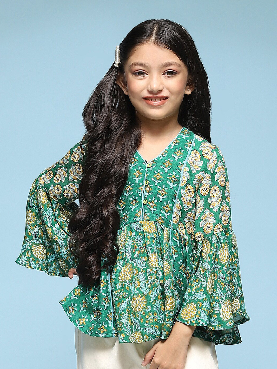 

Biba Girls Floral Printed V-Neck Bell Sleeves Top, Green