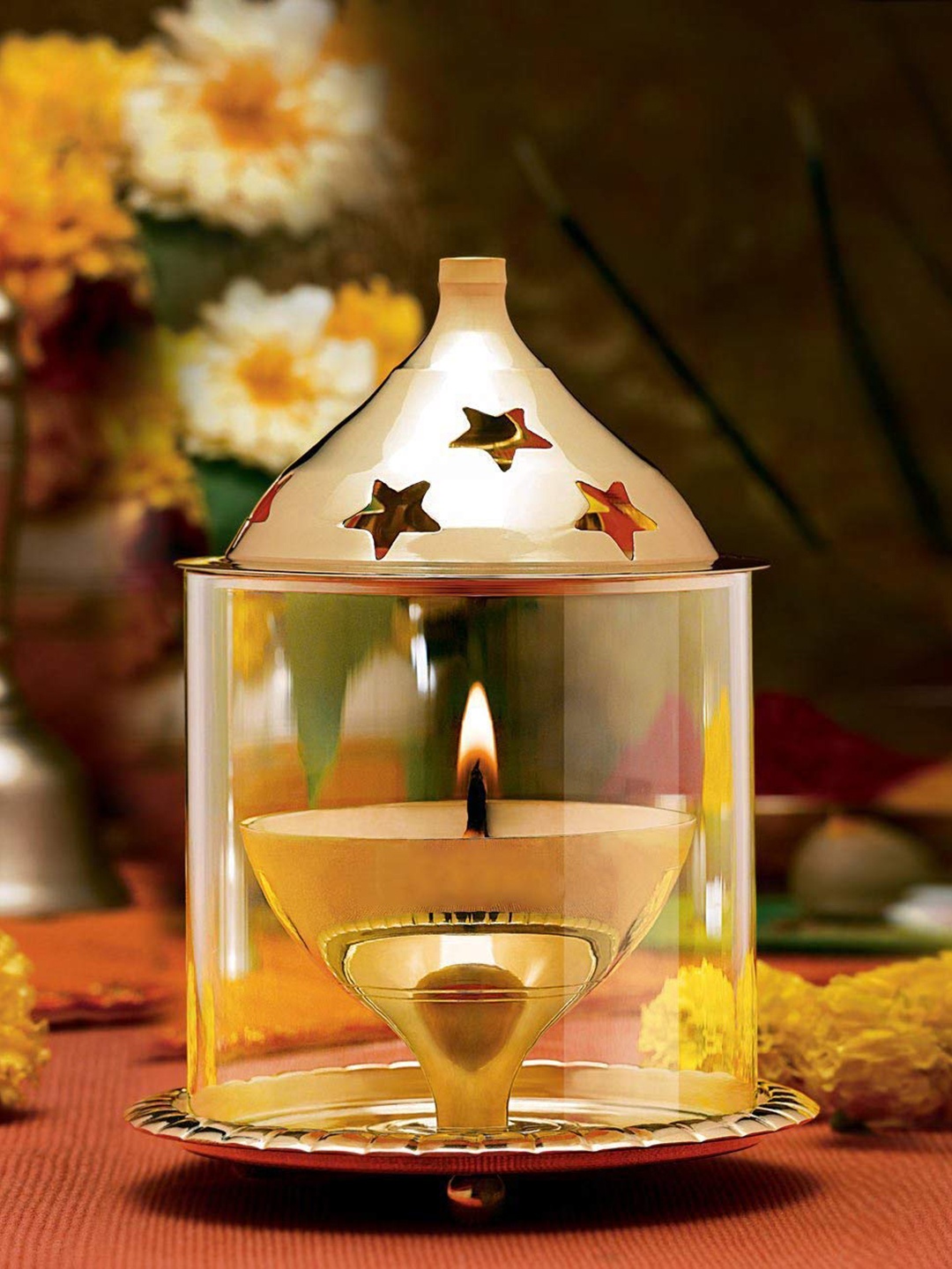

PujaNPujari Gold Toned & Transparent Brass Glass Akhand Diya with Cover