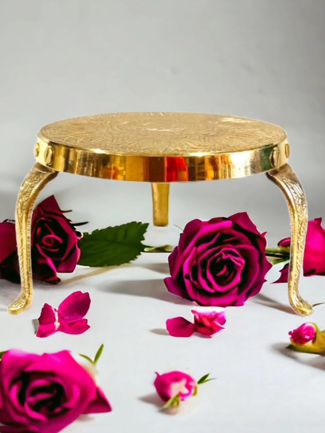 PujaNPujari Gold-Toned Brass Decorative Round Pooja Stool