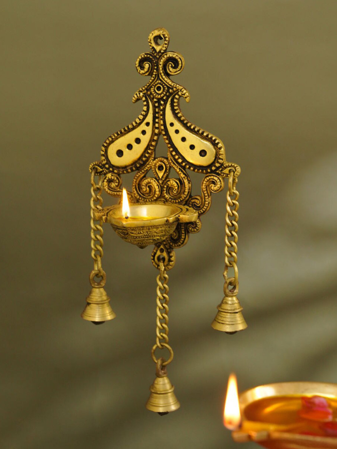 

PujaNPujari Brass Wall Hanging Diyas With Bell, Gold