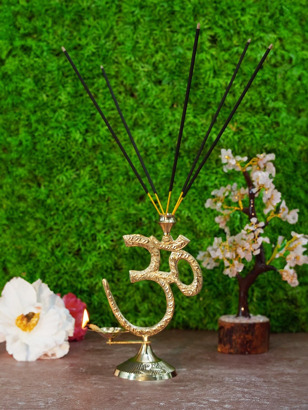 

PujaNPujari Gold Toned Brass Om Symbol Diya Oil Lamp With Incense Holder