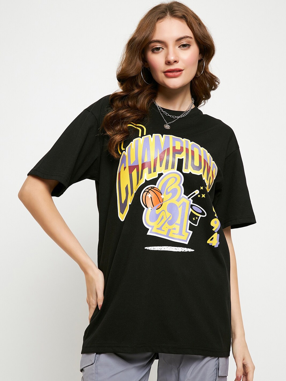 

Skidlers Typography Printed Drop-Shoulder Sleeves Cotton Oversized T-shirt, Black