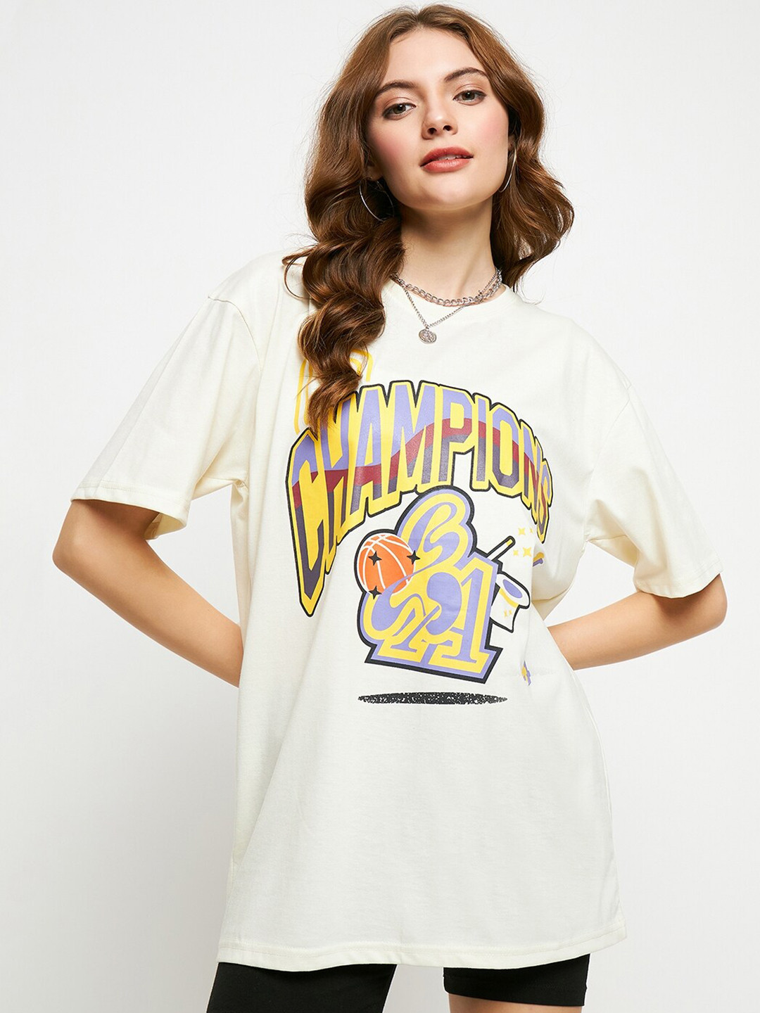 

Skidlers Typography Printed Drop-Shoulder Sleeves Cotton Oversized T-shirt, Cream