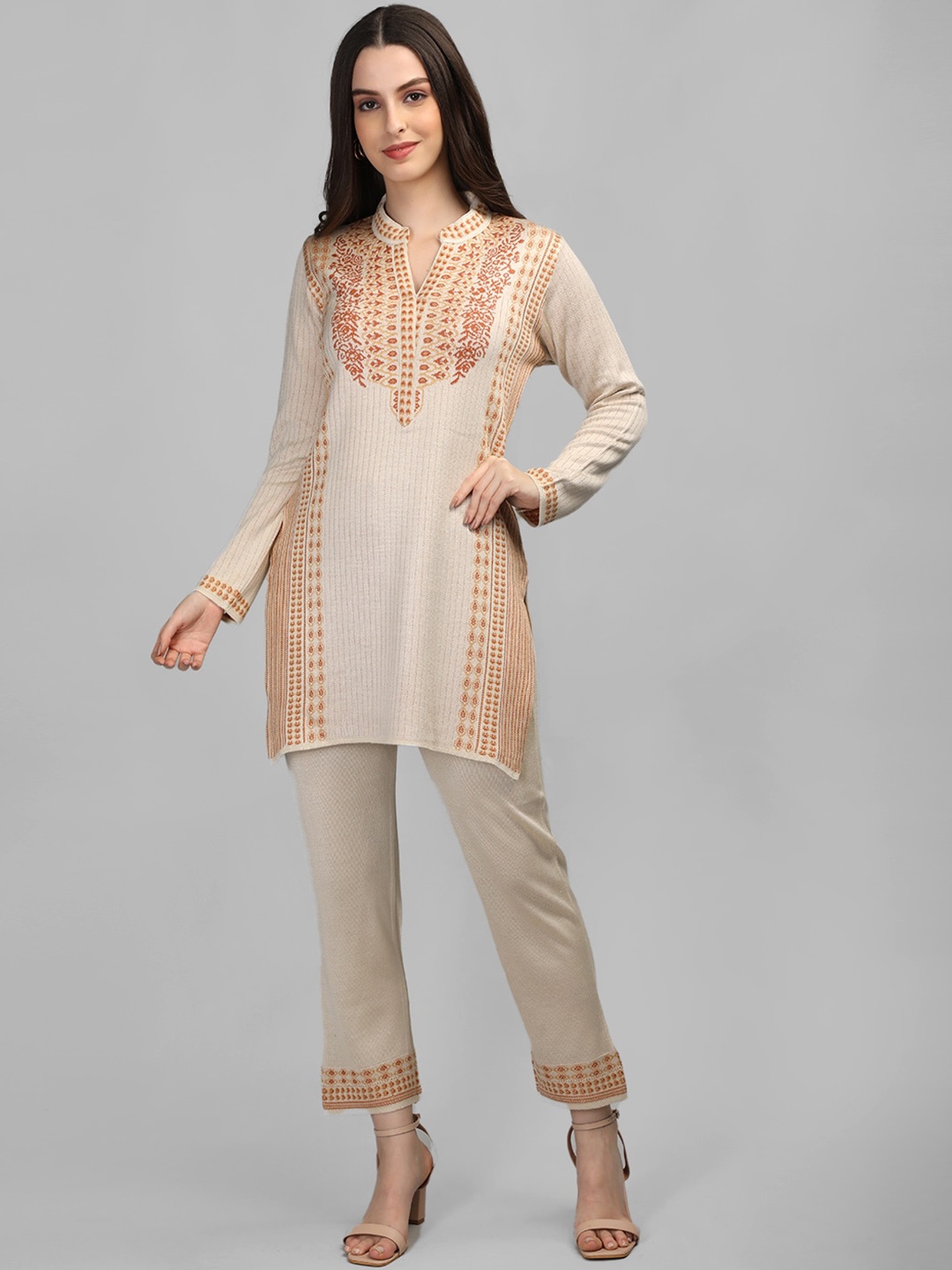 

MIKHAD Ethnic Motifs Woven Design Long Sleeves Acrylic Kurti with Trousers, Cream