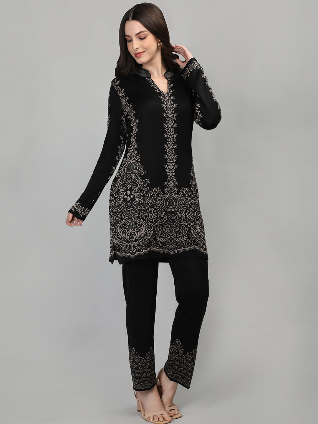 

MIKHAD Ethnic Motifs Woven Design Woollen Kurti With Trousers, Black