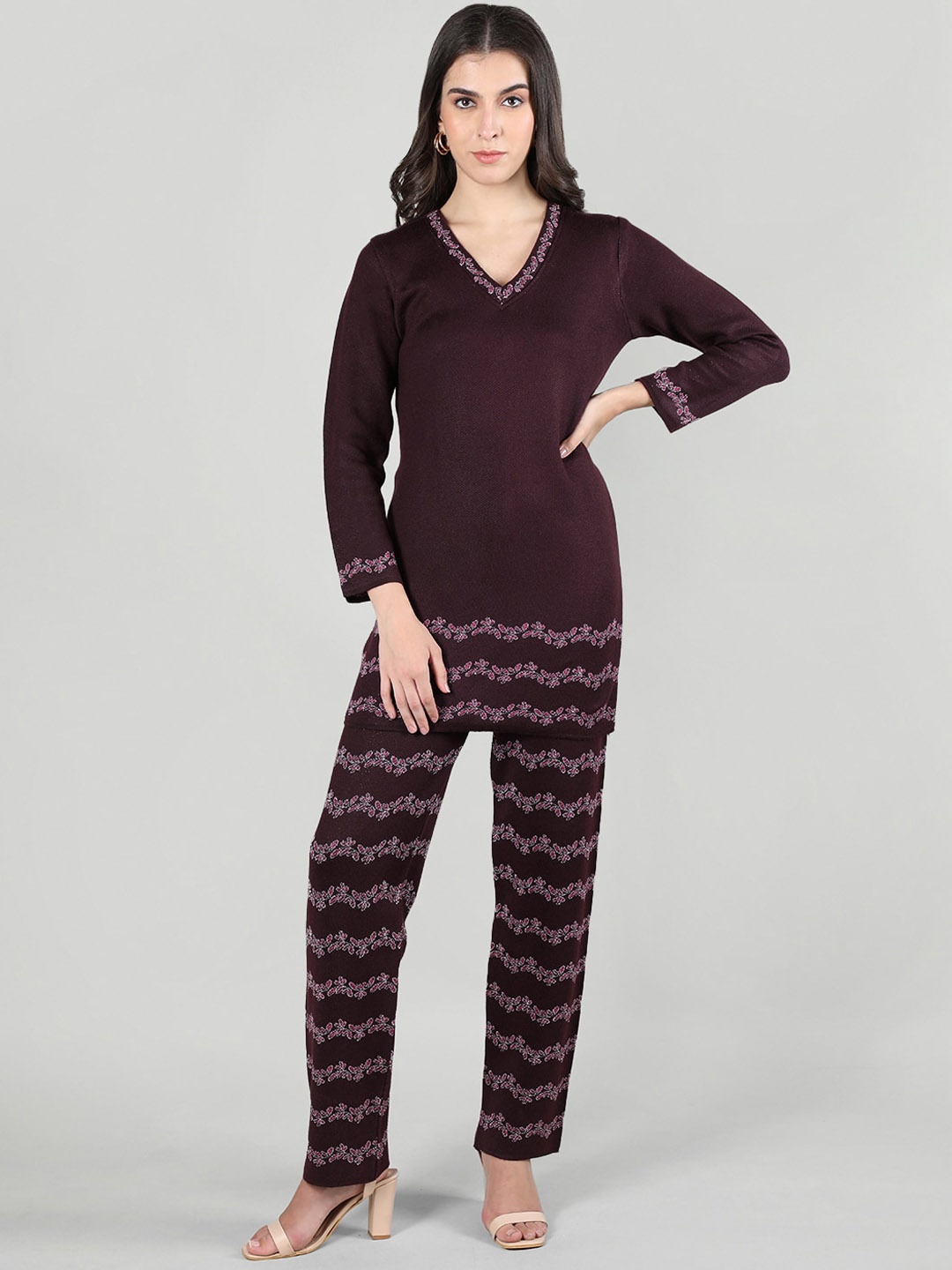 

MIKHAD Floral Self Design Border Straight Kurti With Trousers, Burgundy