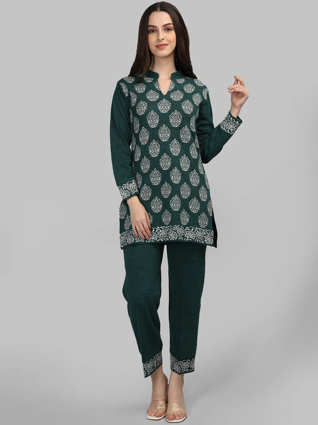 

MIKHAD Ethnic Motifs Woven Design Pure Wool Straight Kurti With Trousers, Green
