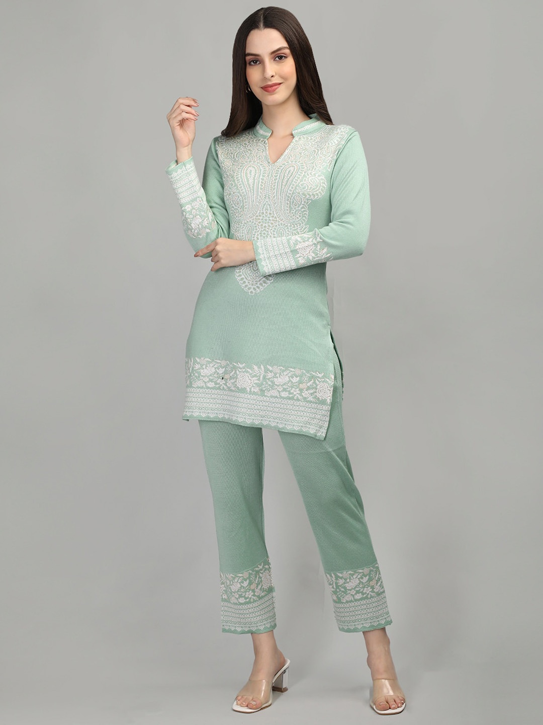 

MIKHAD Ethnic Motifs Woven Design Woolen Straight Kurti with Trousers, Green