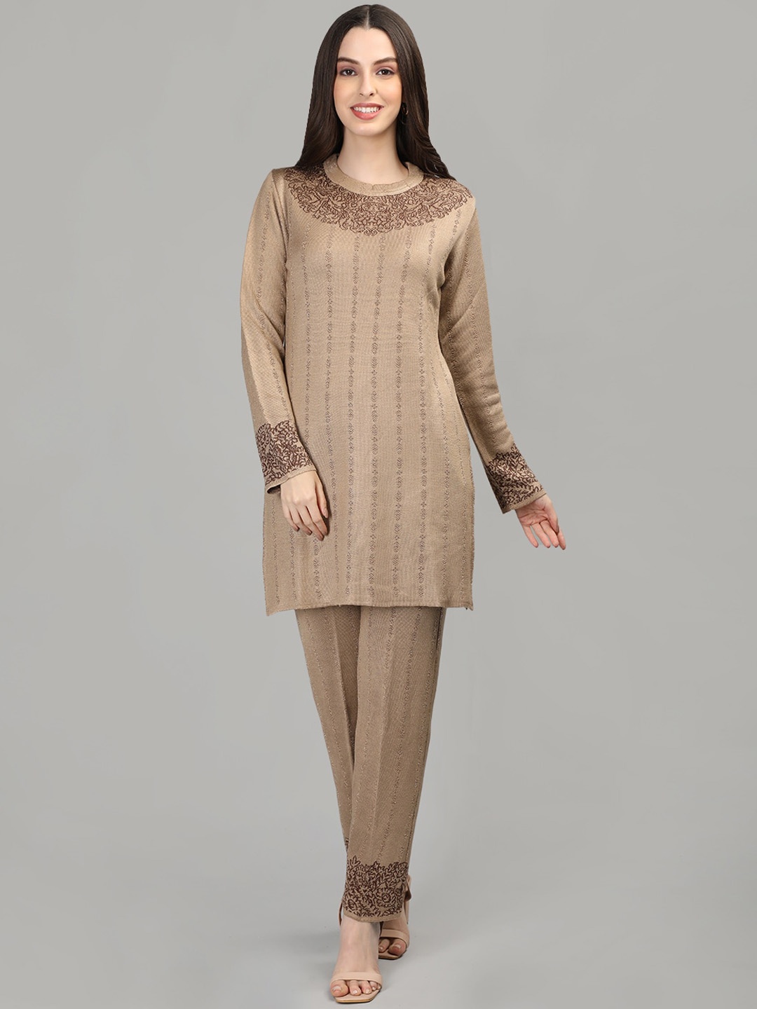 

MIKHAD Ethnic Motifs Woven Design Woolen Kurti With Trousers, Beige