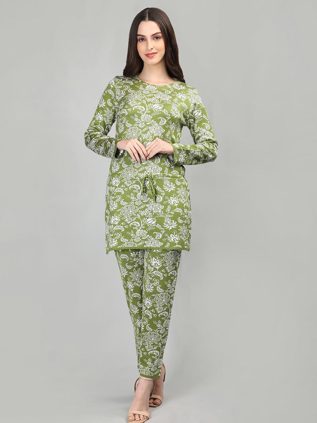 

MIKHAD Floral Printed Long Sleeves Acrylic Kurti with Trousers, Green