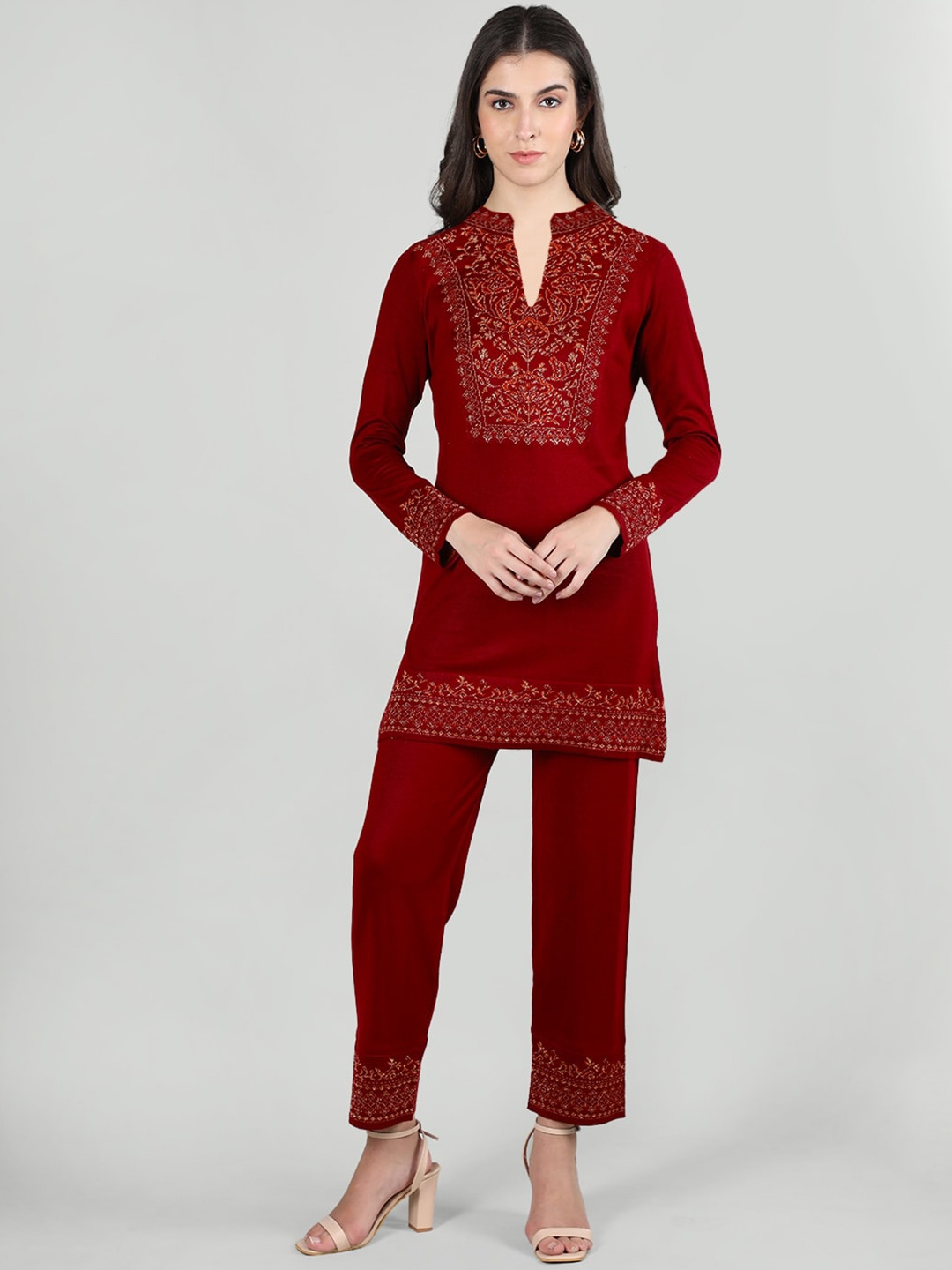 

MIKHAD Ethnic Motifs Woven Design Woollen Kurti With Trousers, Maroon