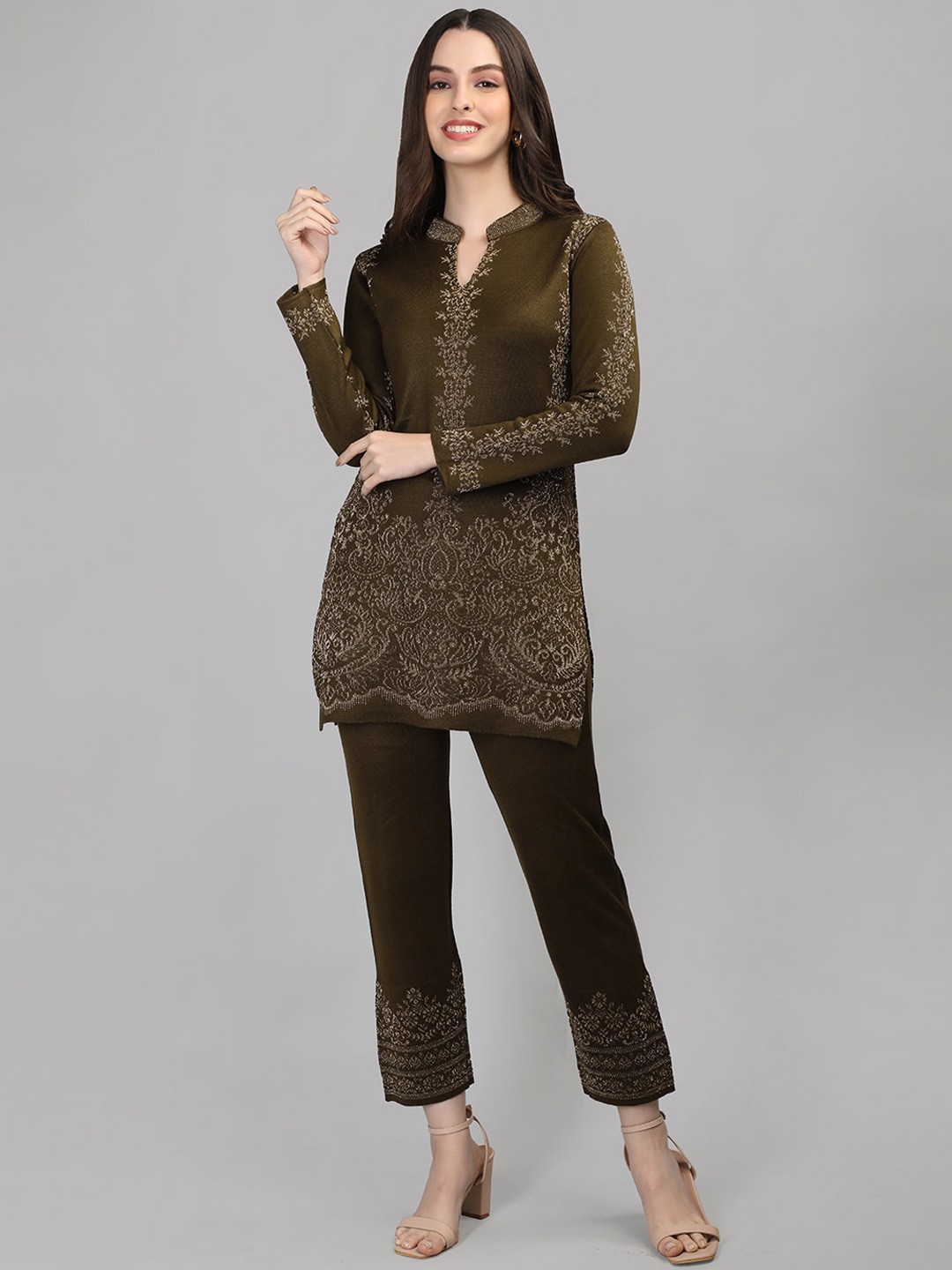 

MIKHAD Ethnic Motifs Woven Design Acrylic Kurti with Trousers, Coffee brown