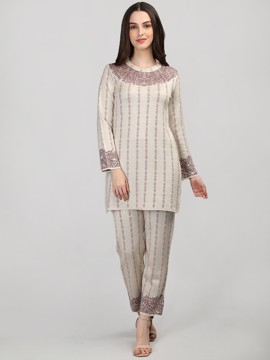 

MIKHAD Ethnic Motifs Woven Design Woollen Kurti With Trousers, Off white