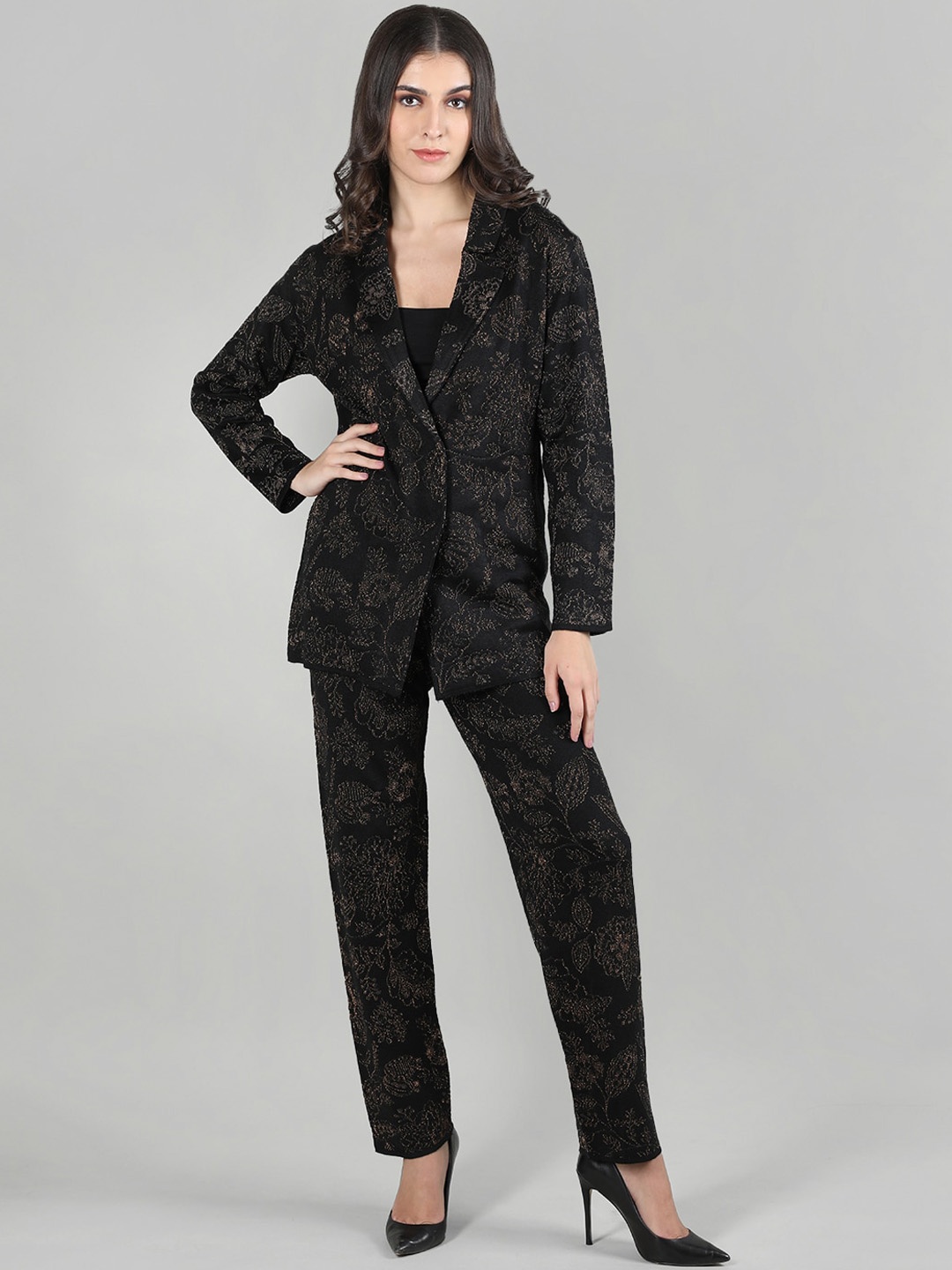 

MIKHAD Self Design Lapel Collar Coat with Trousers, Black