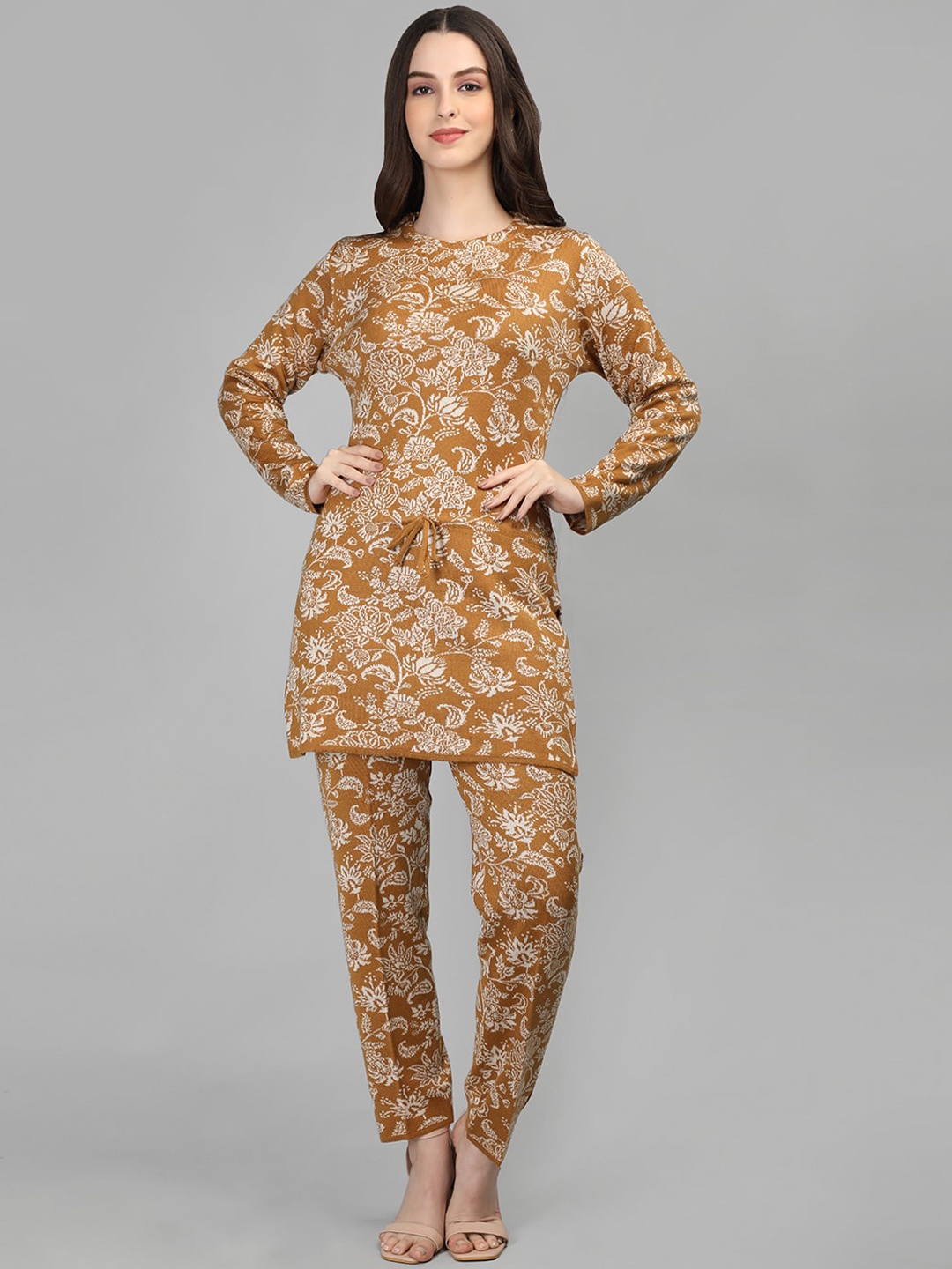 

MIKHAD Floral Printed Long Sleeves Acrylic Kurti with Trousers, Mustard