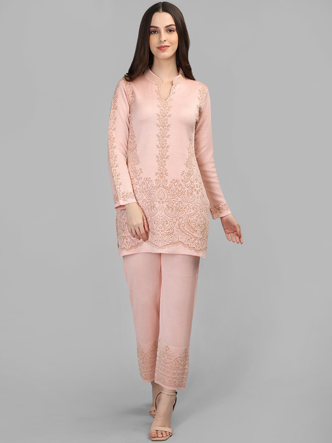 

MIKHAD Floral Woven Design Pure Wool Straight Kurta With Trousers, Pink