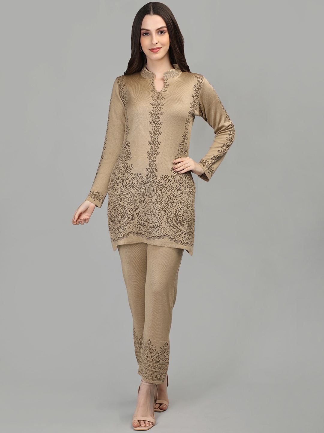 

MIKHAD Floral Woven Design Pure Wool Straight Kurta With Trousers, Camel brown