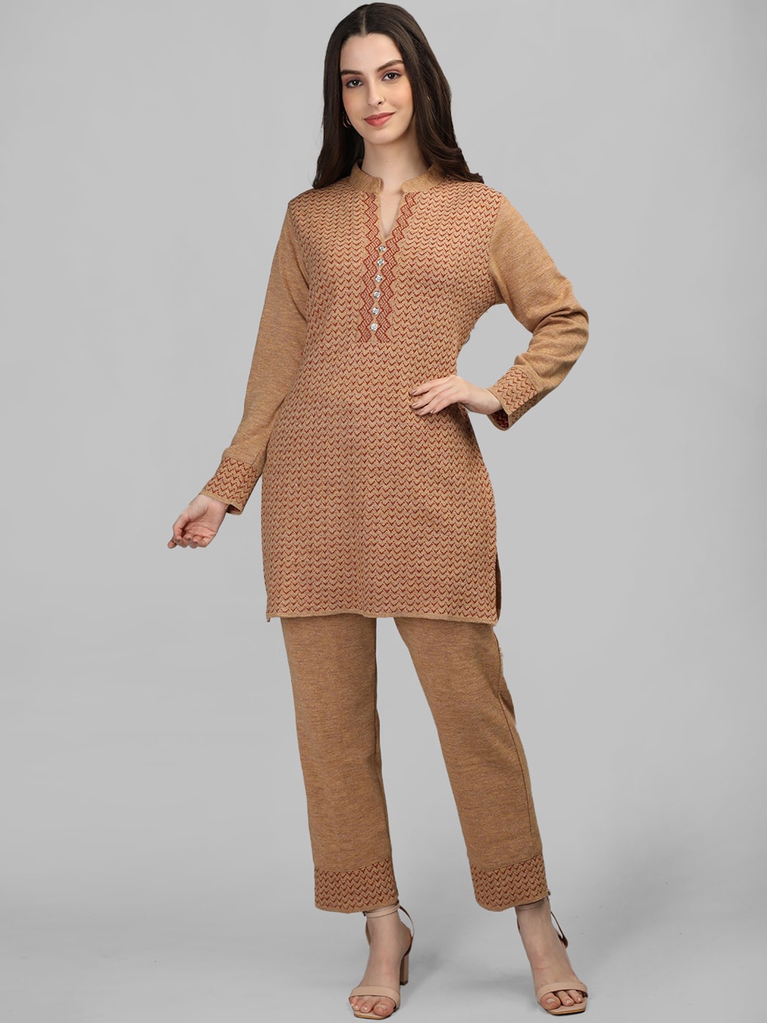 

MIKHAD Geometric Woven Design Woollen Kurti With Trousers, Camel brown