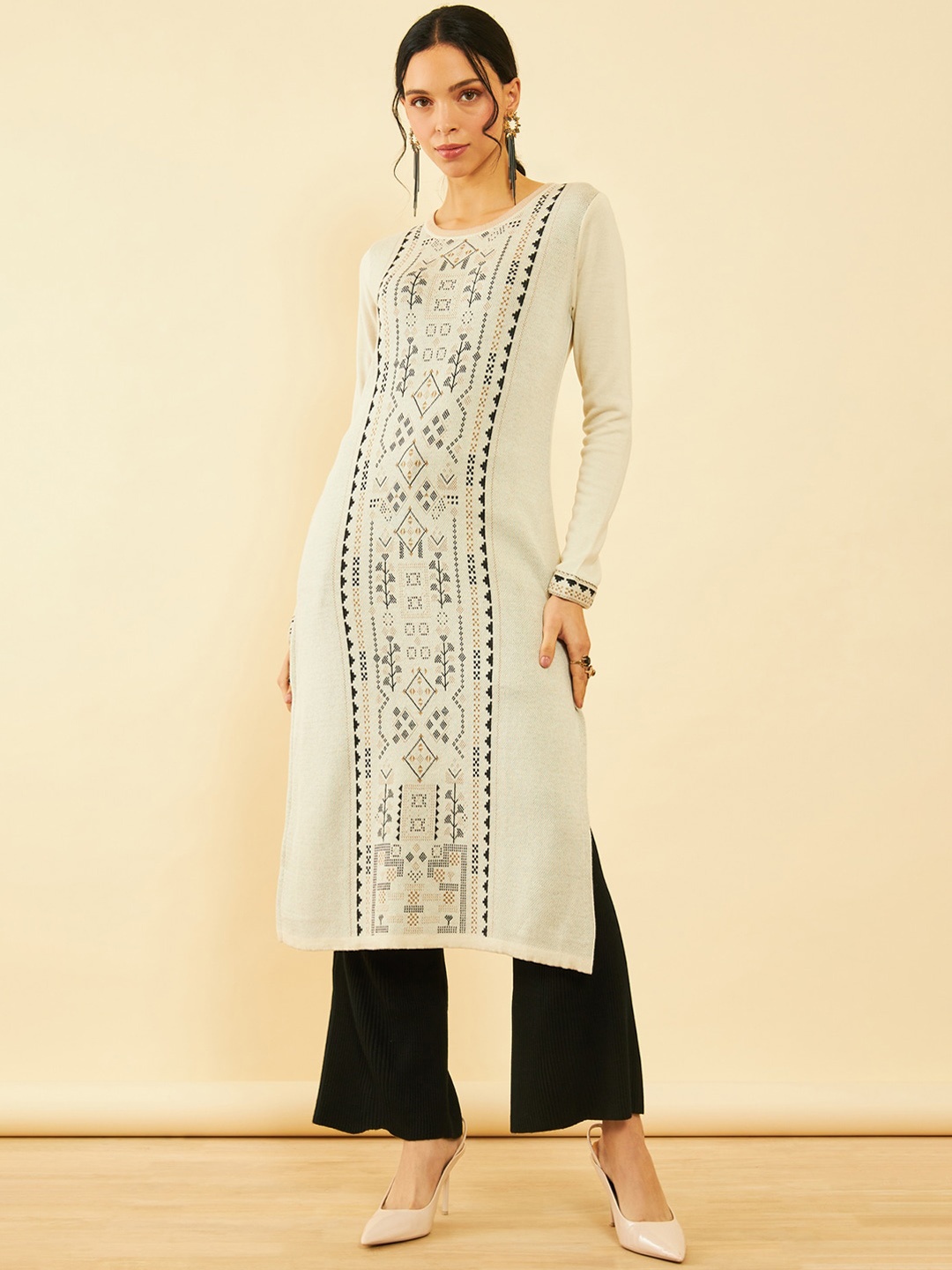 

Soch Off White Geometric Woven Design Straight Kurta