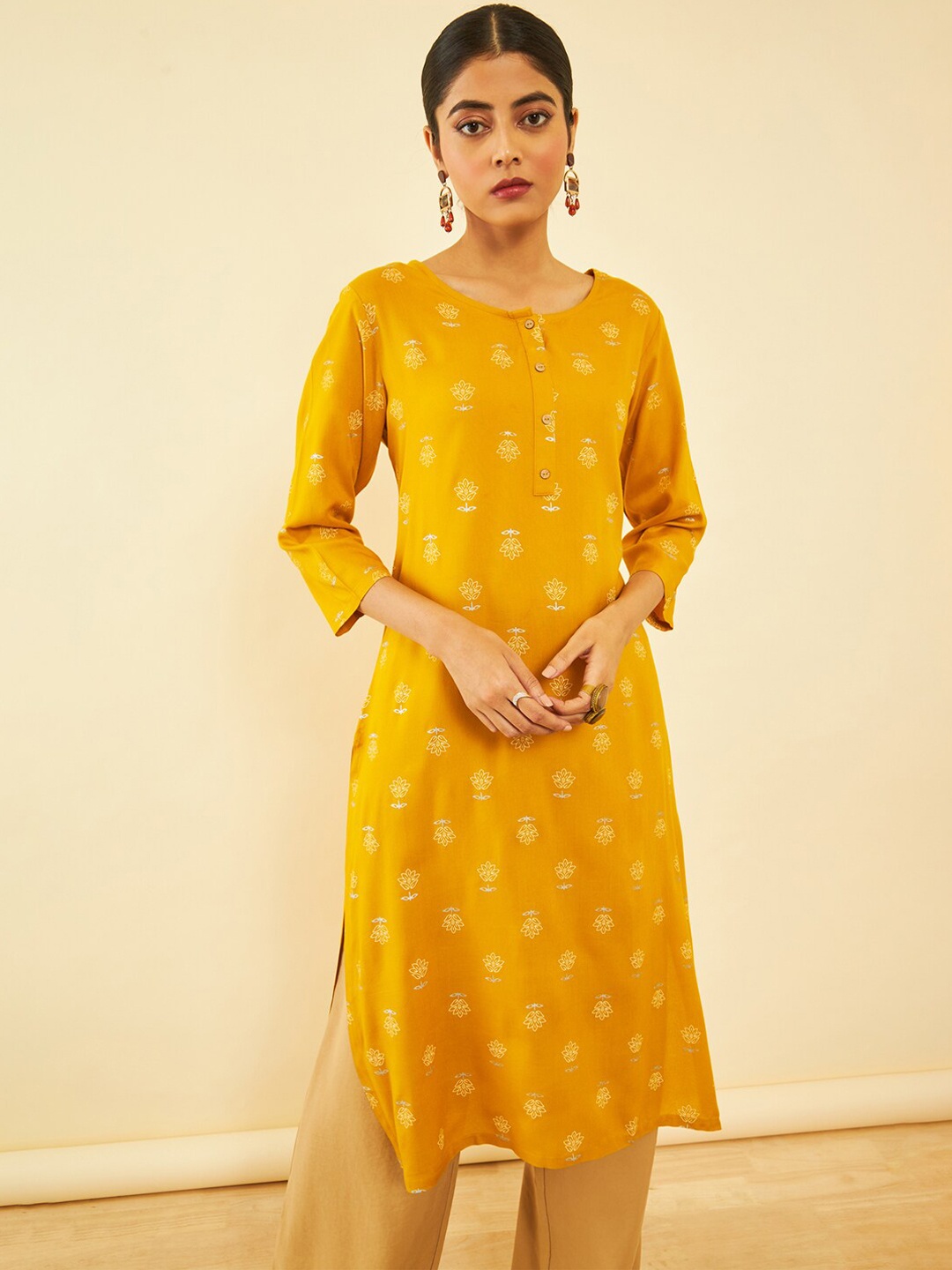 

Soch Mustard Yellow Floral Printed Straight Kurta