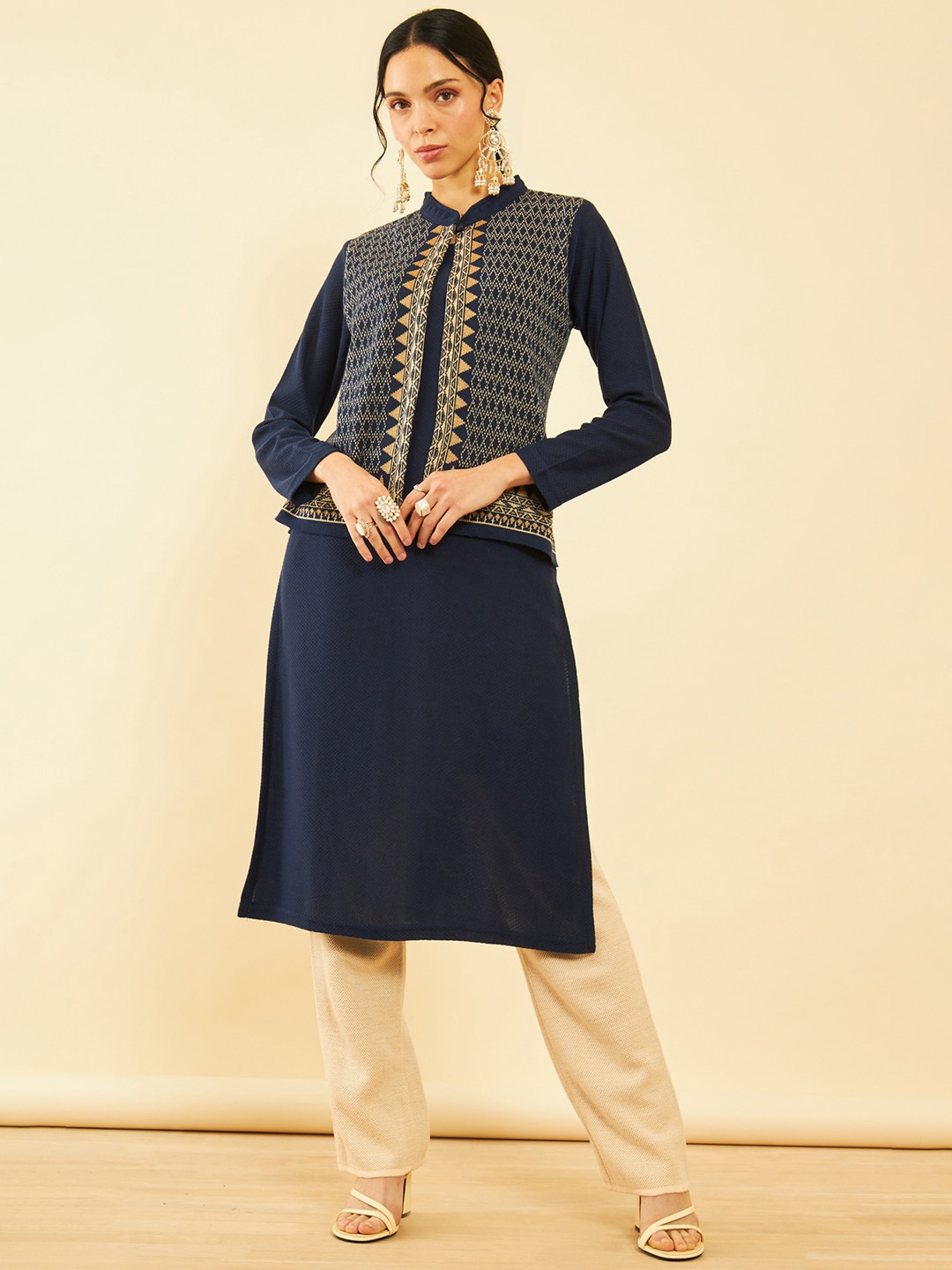 

Soch Woven Design Mandarin Collar Straight Kurta, Navy blue