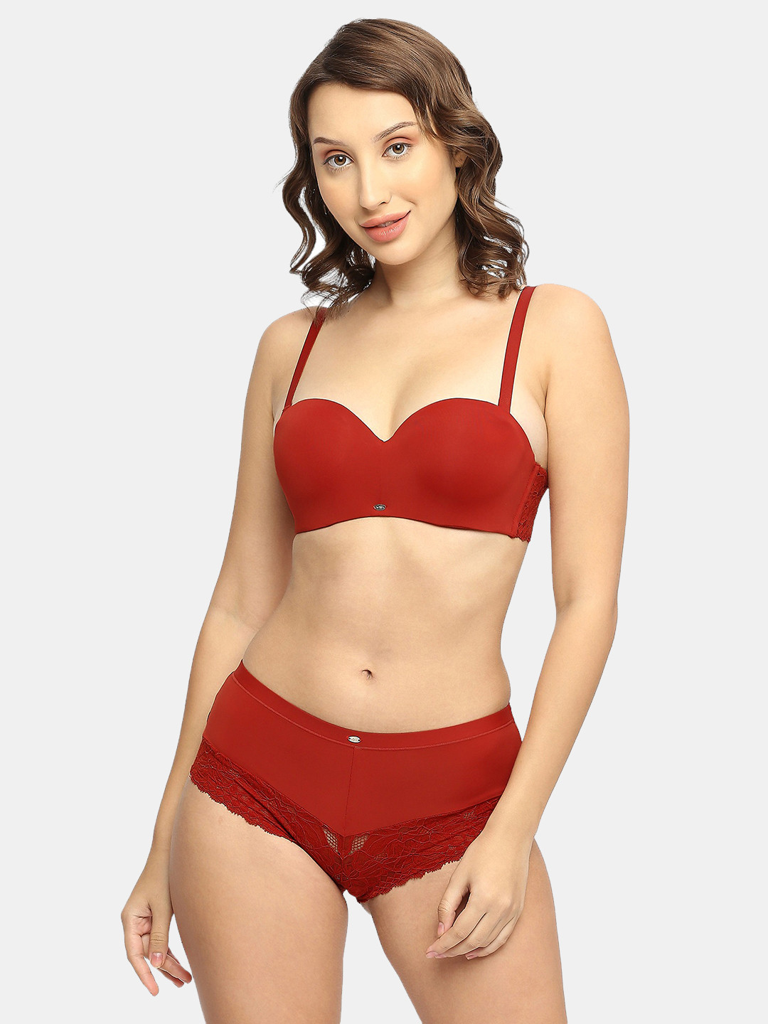 

SOIE Women Medium Coverage Padded Wired Lace Bra with High Rise Briefs Lingerie Set, Red