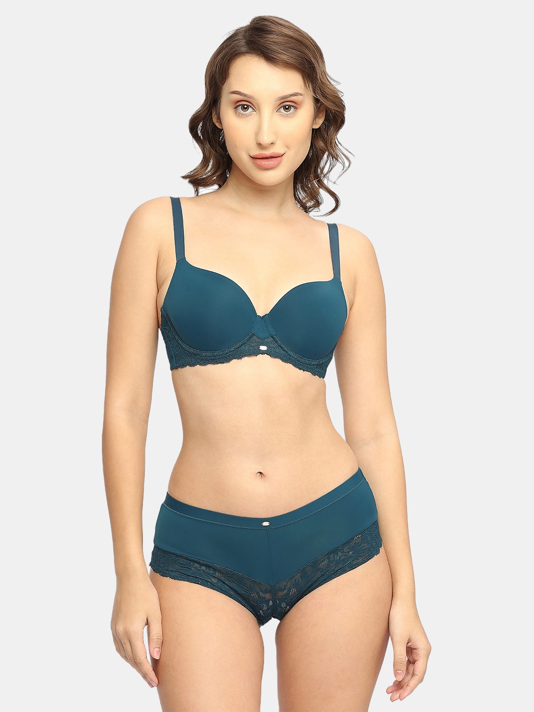 

WOIE Women Medium Coverage Padded Wired Lace Bra with High Rise Briefs Lingerie Set, Teal