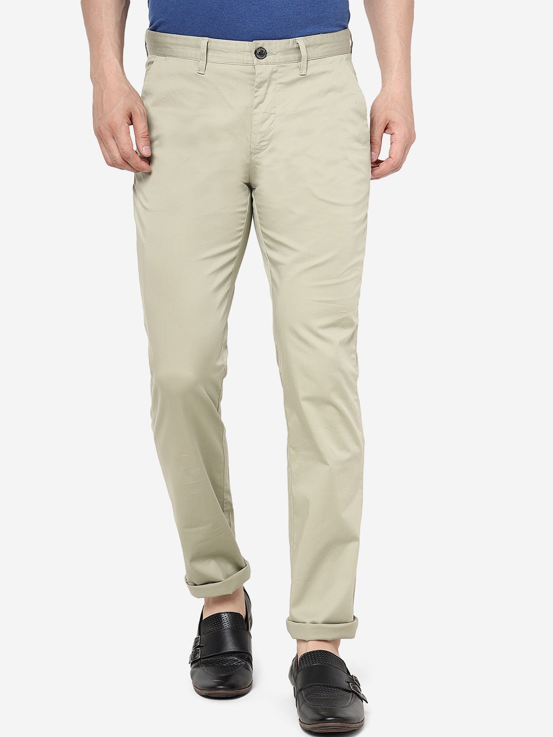 

JADE BLUE Men Slim Fit Mid-Rise Plain Cotton Trousers, Cream