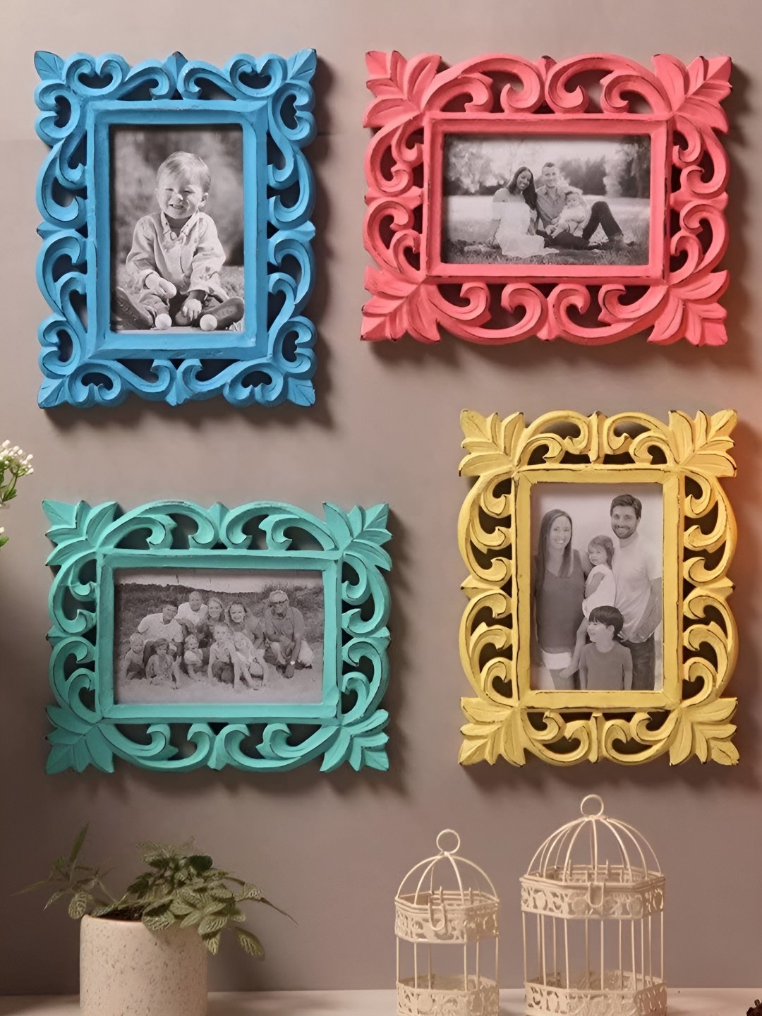 

Duadecor Pink & Turquoise Blue 4 Pieces Self Design Wooden Table Photo Frames