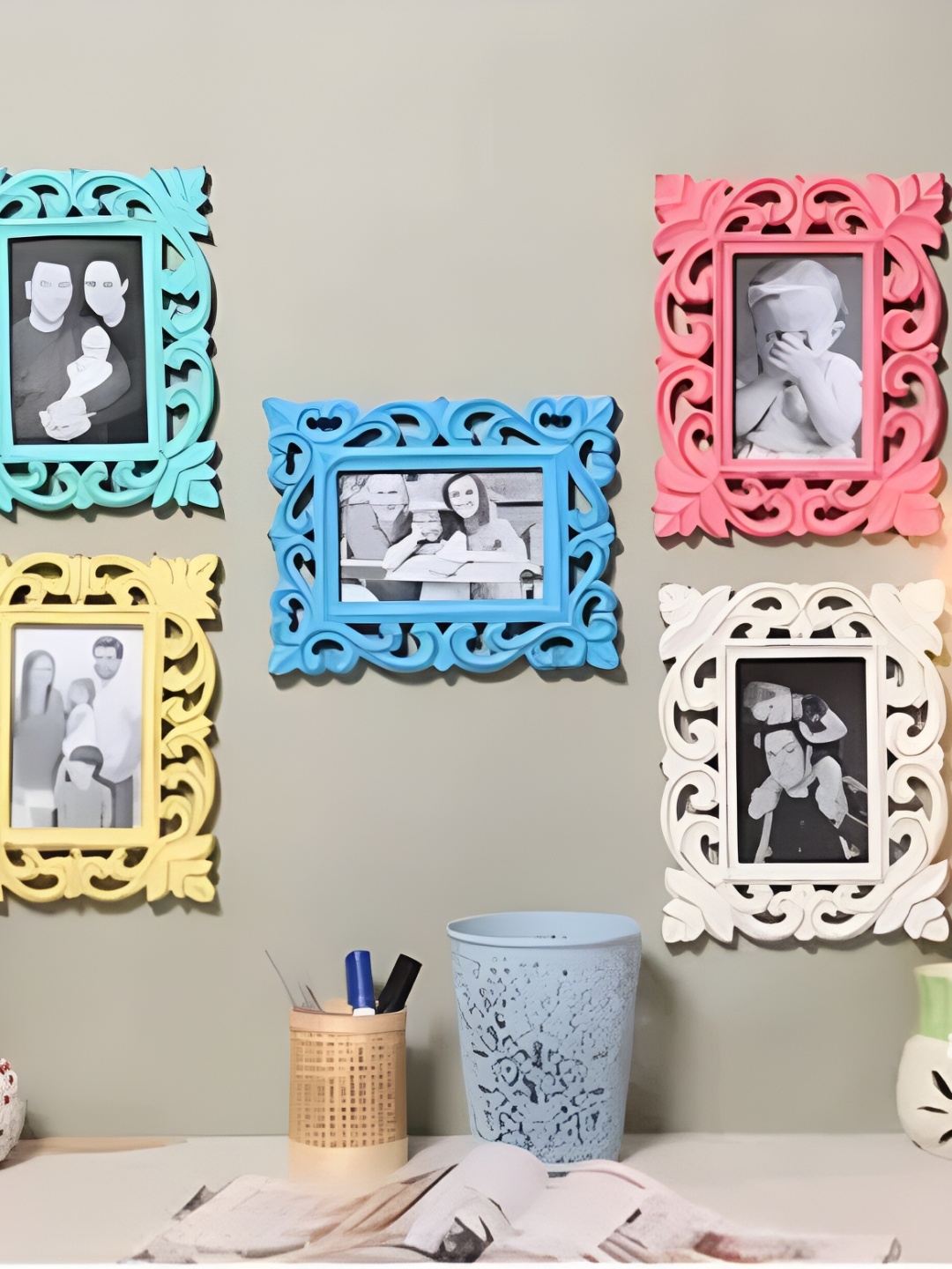 

Duadecor Pink & Turquoise Blue & Pink 5 Pieces MDF Wooden Wall Photo Frames