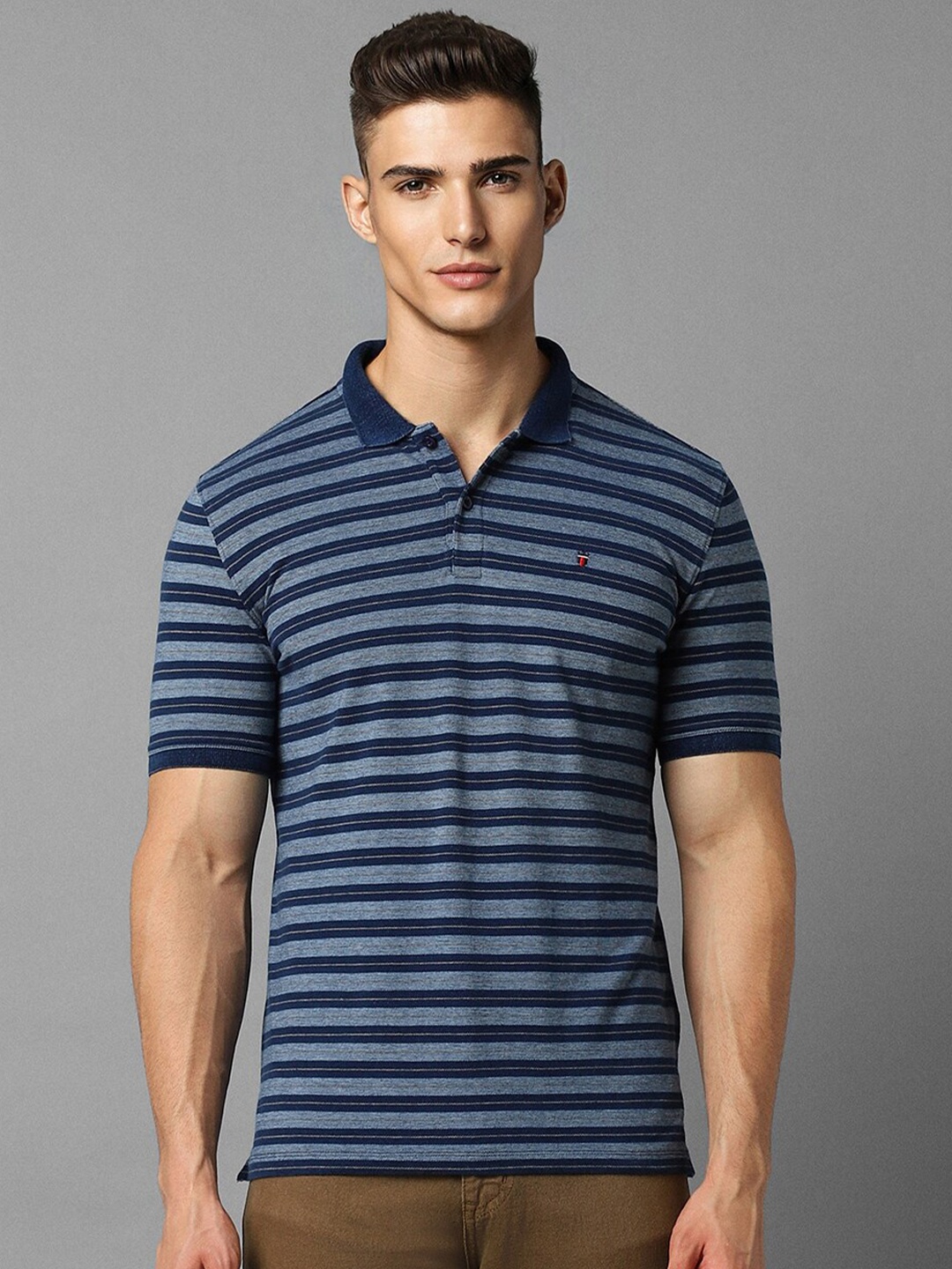 

Louis Philippe Jeans Striped Polo Collar Pure Cotton Slim Fit T-shirt, Blue