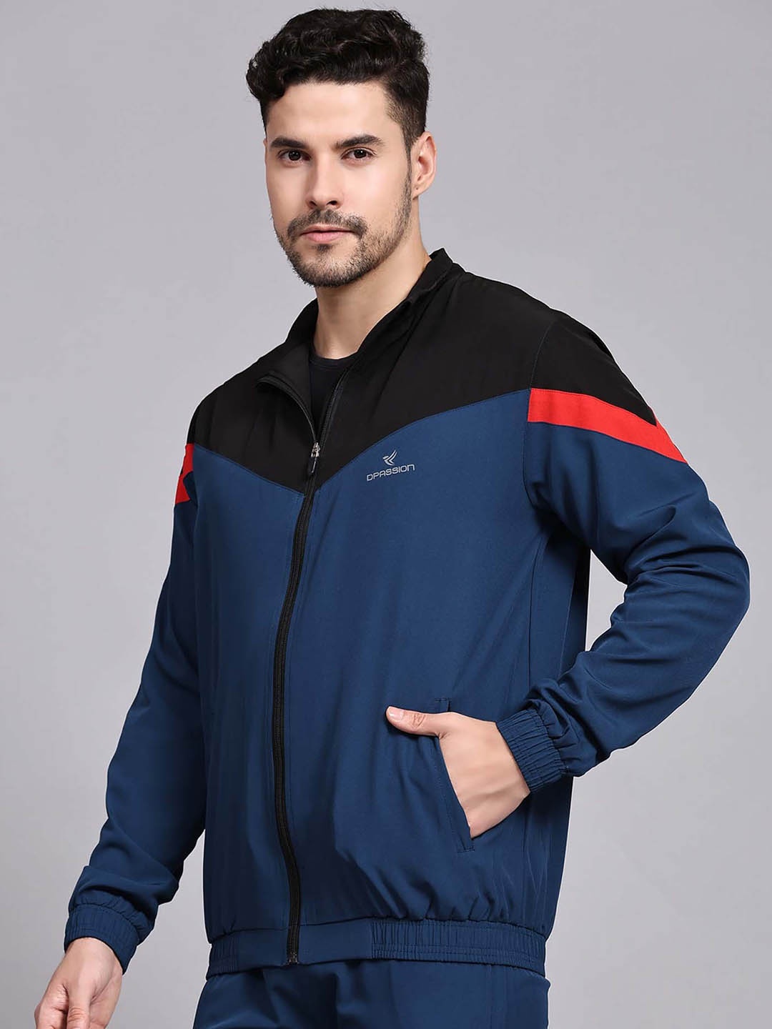 

Dpassion Colourblocked Mock Collar jacket & Mid Rise Track Pant, Navy blue