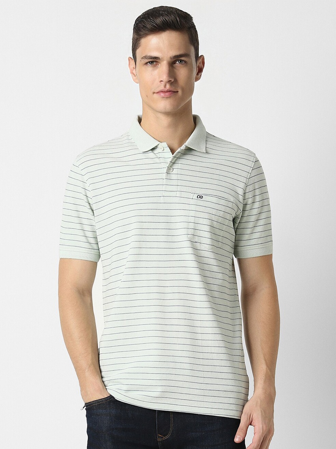 

Peter England Striped Polo Collar T-shirt, Green