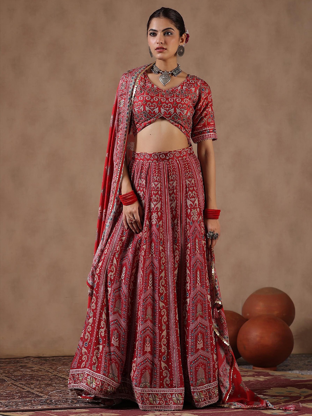 

SCAKHI Printed Beads and Stones Silk Ready to Wear Lehenga & Blouse With Dupatta, Rust