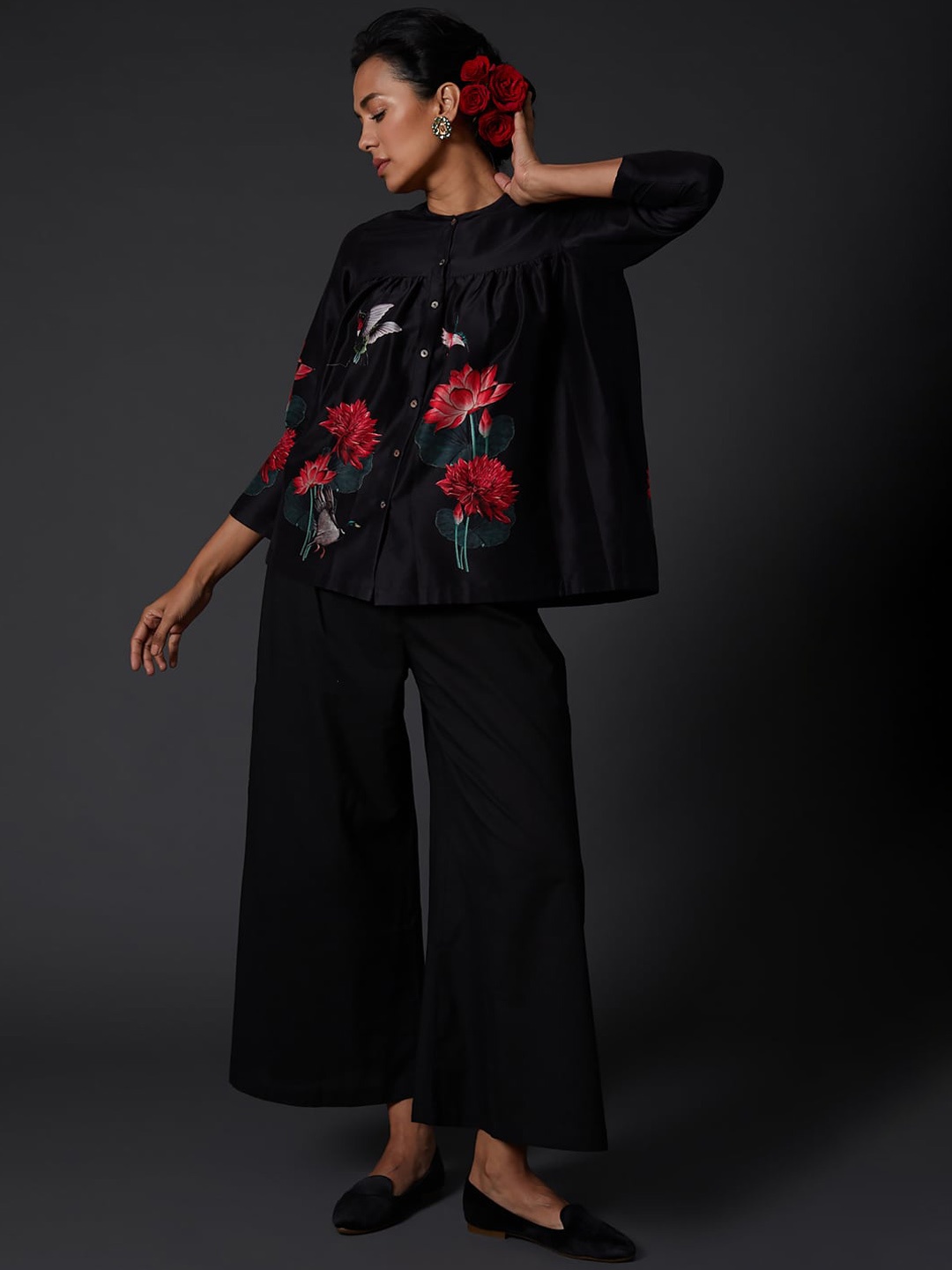 

Balance by Rohit Bal Mandarin Collar Printed Tunic, Black