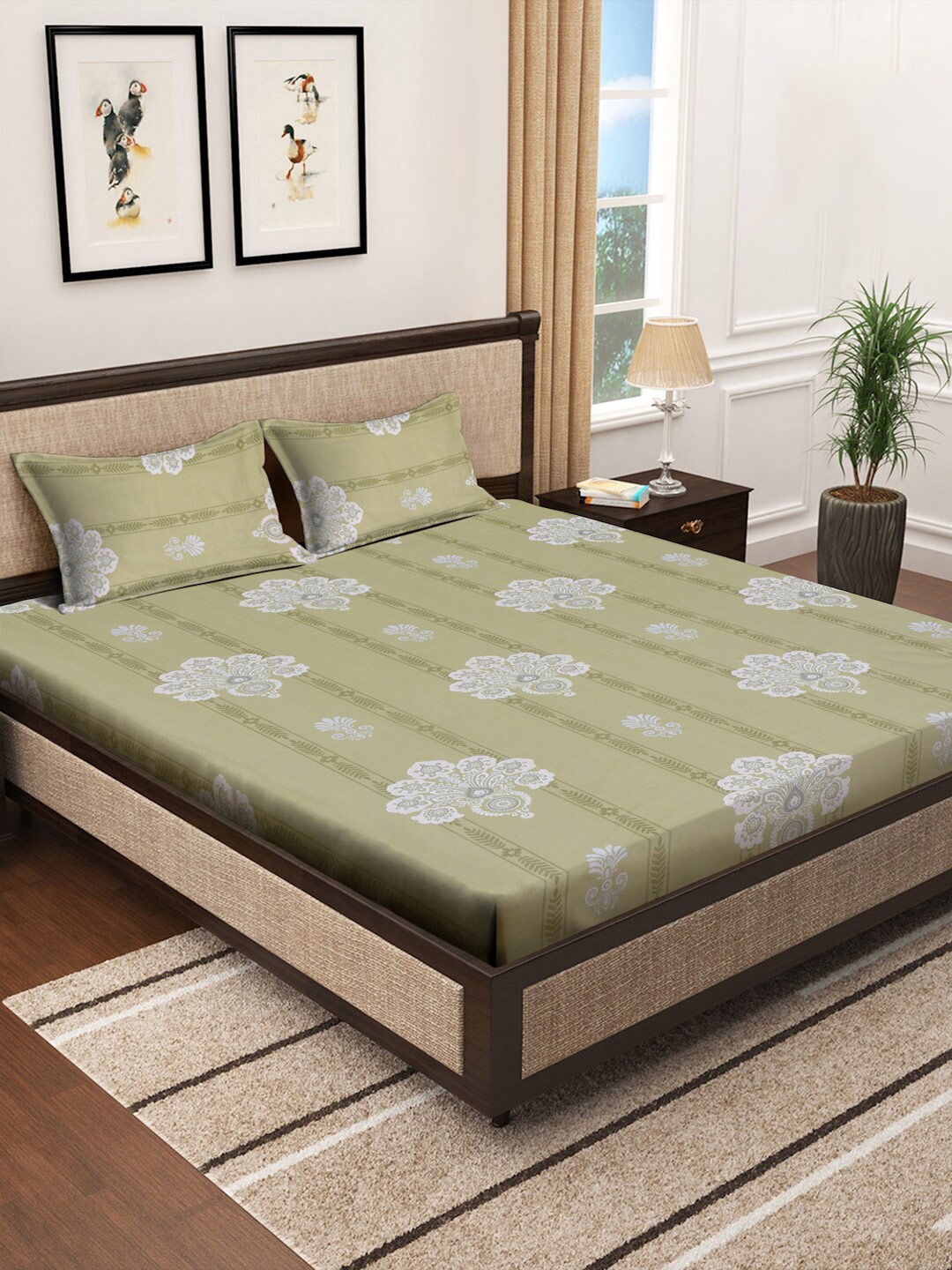 

KLOTTHE Green & Grey Floral Cotton 400 TC King Fitted Bedsheet With 2 Pillow Covers